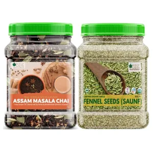 Bliss of Earth Combo Of Finest Assam Masala Chai Blended CTC leaf infused with 20 real herbs & spices And Organic Whole Fennel Seed (400gm Each) Pack Of 2