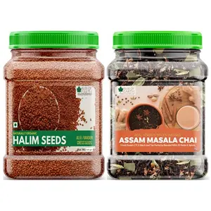 Bliss Of Earth Combo of Organic Halim Seeds (600gm) for Eating and Finest Assam Masala Chai (400gm) Blended CTC Leaf Infused with 20 Real Herbs & Spices (Pack of 2)