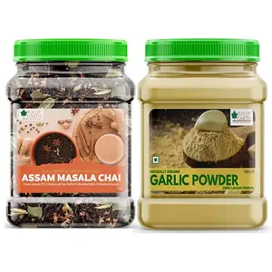 Bliss of Earth Finest Combo Of Finest Assam Masala Chai (400gm) Blended CTC leaf infused with 20 real herbs & spices And Organic Garlic Powder Dried For Cooking (500gm) Pack Of 2