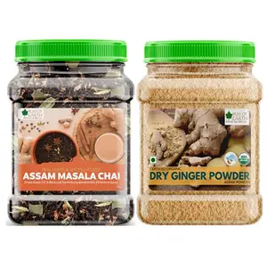 Bliss of Earth Combo Of Finest Assam Masala Chai (400gm) Blended CTC leaf infused with 20 real herbs & spices And Organic Dried Ginger Powder (500GM) for Tea Pure Antioxidant Super Food (Pack Of 2)