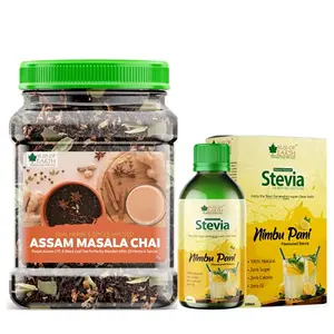 Bliss of Earth Combo Of Finest Assam Masala Chai (400gm) Blended CTC leaf infused with 20 real herbs & spices And Nimbu Pani Stevia Liquid Flavoured Stevia (100ml) Pack Of 2