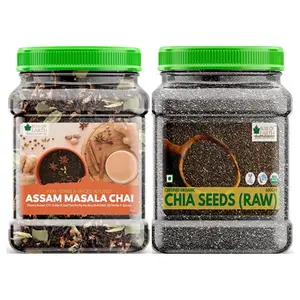 Bliss of Earth Combo Of Finest Assam Masala Chai (400gm) Blended CTC leaf infused with 20 real herbs & spices And Organic Raw Chia Seeds For Weight Loss (600gm) Raw Super Food (Pack Of 2)