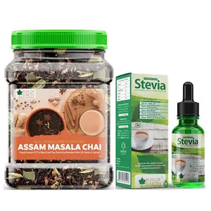 Bliss of Earth Combo Of Finest Assam Masala Chai (400gm) Blended CTC leaf infused with 20 real herbs & spices And 99.8% REB-A Stevia Drops Liquid (30ml) Pack Of 2