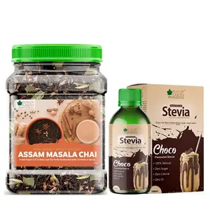 Bliss of Earth Combo Of Finest Assam Masala Chai (400gm) Blended CTC leaf infused with 20 real herbs & spices And Chocolate Stevia Liquid Flavoured Stevia (100 ml) Pack Of 2