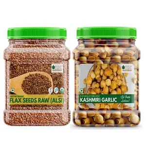 Bliss of Earth Combo Of Naturally Organic Kashmiri Garlic (500gm) Single Clove Kashmiri Lahsun And USDA Organic Raw Flax Seeds (600gm) for Eating and Weight Loss Rich in Omega (Pack Of 2)