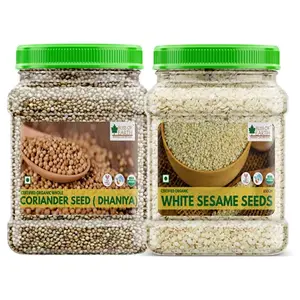 Bliss of Earth USDA Organic Combo Of White Sesame Seeds(600gm) And Coriander(250gm) Seed For Eating Raw Food Pack Of 2