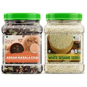 Bliss of Earth Combo Of Finest Assam Masala Chai (400gm) Blended CTC leaf infused with 20 real herbs & spices And Organic Sesame Seeds (600gm) White For Eating Raw Til Seeds (Pack Of 2)