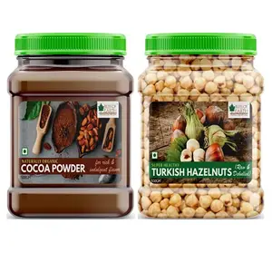 BLISS OF EARTH Combo of Naturally Organic Dark Cocoa Powder (500gm) for Chocolate Cake Making and (500gm) Turkish Hazelnuts Raw & Dehulled Healthy & Tasty