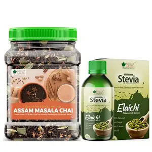 Bliss of Earth Combo Of Finest Assam Masala Chai Blended CTC leaf infused with 20 real herbs & spices And Next Generation Elaichi Flavoured Stevia Liquid (100ml) Pack Of 2
