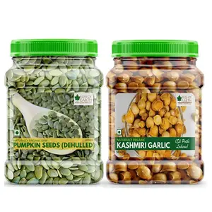 Bliss of Earth Combo Of Naturally Organic Kashmiri Garlic (500gm) From Indian Himalayas Single Clove And Dehulled Pumpkin Seeds (600gm) for Eating & Weight Loss Superfood (Pack Of 2)