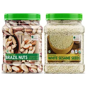 Bliss Of Earth Combo of Healthy Brazil Nuts Selenium Rich Super Nut (500gm) and Organic Sesame Seeds (600gm) White for Eating Raw Til Seeds Pack of 2