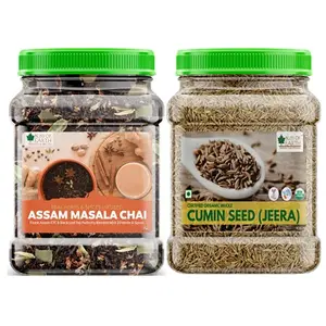 Bliss of Earth Combo Of Finest Assam Masala Chai Blended CTC leaf infused with 20 real herbs & spices And Organic Sabut Jeera (400 gm Each) Pack Of 2