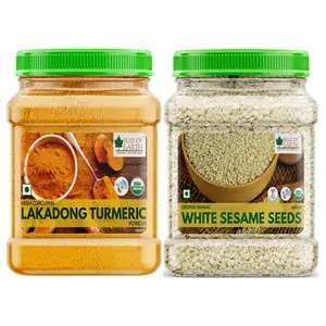 Bliss of Earth Combo Of High Curcumin Certified Organic Lakadong Turmeric Powder (500GM) And Organic White Sesame Seeds (600gm) For Eating Raw Til Seeds (Pack Of 2)