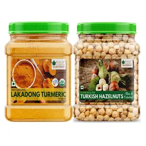 Bliss of Earth Combo Of Turkish Hazelnuts (500gm) Raw & Dehulled Healthy & Tasty And High Curcumin Certified Organic Lakadong Turmeric Powder (500GM) Pack Of 2