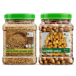 Bliss of Earth Combo Of Naturally Organic Kashmiri Garlic (500gm) From Indian Himalayas Snow Mountain Garlic And Organic Unpolished Sesame Seeds (600gm) White For Eating Raw Til Seeds (Pack Of 2)