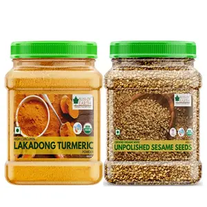 Bliss of Earth Combo Of High Curcumin Certified Organic Lakadong Turmeric Powder (500GM) And Organic Unpolished White Sesame Seeds (600gm) For Eating Raw Til Seeds (Pack Of 2)