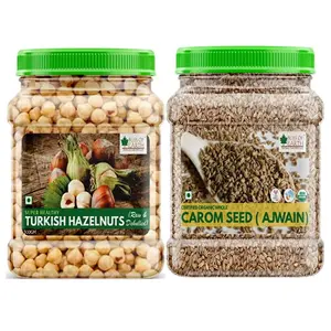 Bliss of Earth Combo Of Turkish Hazelnuts (500gm) Raw & Dehulled Healthy & Tasty And Organic Carom Seed (400gm) (Pack Of 2)