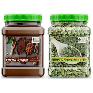 Bliss of Earth Combo of Naturally Organic Dark Cocoa Powder (500gm) for Chocolate Cake Making and Dehulled Pumpkin Seeds (600gm) for Eating & Weight Loss Naturally Organic Superfood