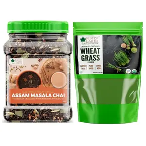 Bliss of Earth Combo Of Finest Assam Masala Chai (400gm) Blended CTC leaf infused with 20 real herbs & spices And Organic Wheat Grass Powder (250gm) Super Food Dietary Supplement (Pack Of 2)