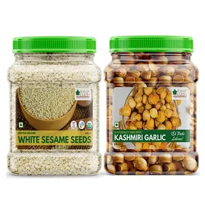 Bliss of Earth Combo Of Naturally Organic Kashmiri Garlic (500gm) From Indian Himalayas Snow Mountain Garlic And Organic Sesame Seeds (600gm) White For Eating Raw Til Seeds (Pack Of 2)