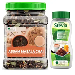 Bliss of Earth Combo Of Finest Assam Masala Chai (400gm) Blended CTC leaf infused with 20 real herbs & spices And 99.8% REB-A Purity Stevia Powder (200gm) Pack Of 2