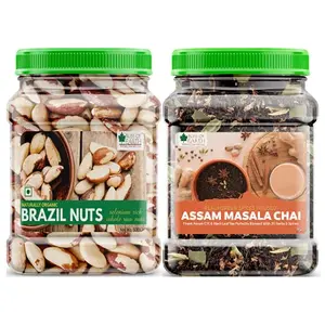 Bliss Of Earth Combo of Healthy Brazil Nuts Selenium Rich Super Nut (500gm) and Finest Assam Masala Chai Blended CTC Leaf Infused with 20 Real Herbs & Spices (400gm) Pack of 2