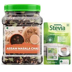 Bliss of Earth Combo Of Finest Assam Masala Chai (400gm) Blended CTC leaf infused with 20 real herbs & spices And 99.8% REB-A Purity Stevia Tablets Sugar free Pellets (100 Tablets) Pack Of 2