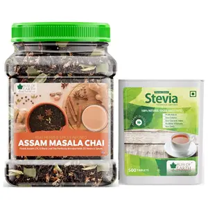 Bliss of Earth Combo Of Finest Assam Masala Chai (400gm) Blended CTC leaf infused with 20 real herbs & spices And 99.8% REB-A Stevia Sugar free Tablets Pellets (500 Tablets) Pack Of 2
