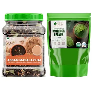 Bliss of Earth Combo Of Finest Assam Masala Chai (400gm) Blended CTC leaf infused with 20 real herbs & spices And Organic Moringa Leaves Powder (250gm) For Weight Loss Super Food (Pack Of 2)
