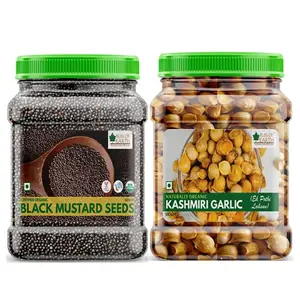 Bliss of Earth Combo Of Naturally Organic Kashmiri Garlic (500gm) From Indian Himalayas Snow Mountain Garlic And Organic Black Mustard Seeds (600gm) For Cooking (Kali Sarson) Pack Of 2