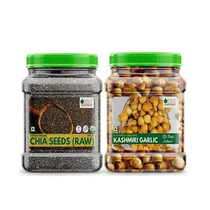 Bliss of Earth Combo Of Naturally Organic Kashmiri Garlic (500gm) Single Clove Kashmiri Lahsun Snow Mountain Garlic And Organic Raw Chia Seeds For Weight Loss (600gm) Raw Super Food (Pack Of 2)