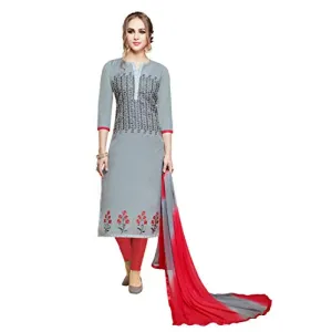 DnVeens Women Pure Cotton Unstitched Embroidery Fancy Dress Material (MDAAMIRA1801 Free Size Grey Red)