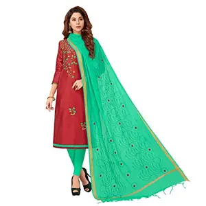 DnVeens Women's Cotton Embroideried Unstitched Dress Material (BLOSSOM2004 Red & Green)