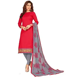 DnVeens Woman Cotton Heavy Dupatta Salwar Suit Dress Material (Red Grey Unstitched)