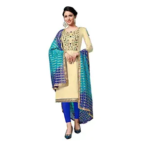 DnVeens Women's Beige Cotton Embroidered Fancy Salwar Suit Dress Material (MDLAADO7207 Free Size)