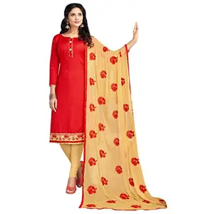 DnVeens Women Cotton Blend Zari Embroidery Unstitched Salwar Suit Material With Heavy Dupatta (FLORANCE2003_Red_Free Size)