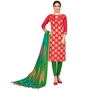 DnVeens Banarasi Jacquard Unstitched Salwar Suit Dress Material for Womens (KULFI1002 Red Green Unstitched)