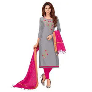 DnVeens Women's Cotton Embroideried Unstitched Dress Material (BLOSSOM2010 Grey & Pink)