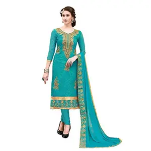 DnVeens Women's Chanderi Hand Work Salwar Suit Dress Material (SILVINA; Turquoise)
