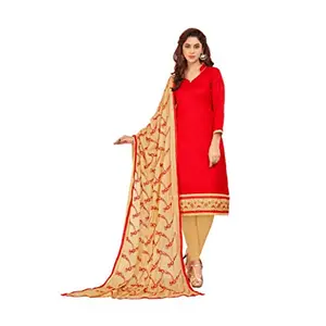 DnVeens Woman Cotton Heavy Dupatta Salwar Suit Dress Material (Red Beige Unstitched)