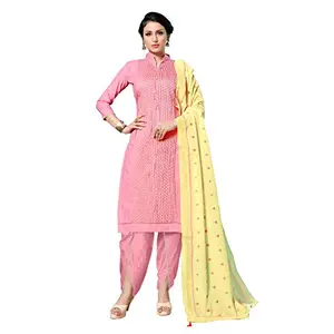 DnVeens Women's Pink Cotton Embroidered Fancy Salwar Suit Dress Material (MDLAADO7211 Free Size)