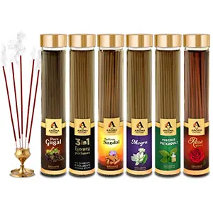 Precious 6 Collection Agarbatti Sandalwood 3in1 Gugal Rose Mogra Chandan Incense Sticks (Pack of 6)