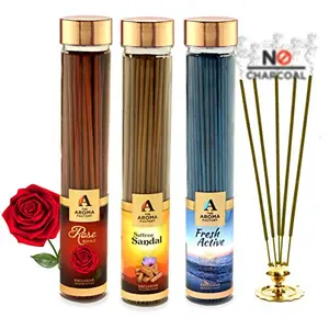 Pooja Agarbatti Combo of 3 : Rose Kesar Chandan Saffron Sandal and Fresh Active Incense Sticks (Bottle Pack of 3)