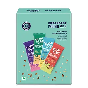 Yogabar Breakfast Protein Variety (Almond Coconut Apricot & Fig Blueberry Apple Cinnamon Bars - 300gm 6 x 50 g (Box of 6 Bars)