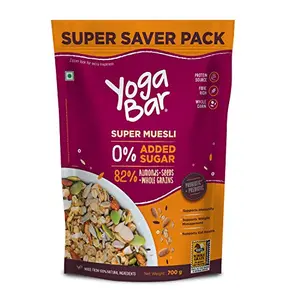 Yogabar Super Muesli No Added or Hidden Sugar Breakfast Muesli with Probiotics & Prebiotics 82% Almonds + Whole Grains + Chia Seeds + Flax Seeds 700g