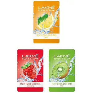 Lakme Blush & Glow Kiwi Sheet Mask 20 ml & Blush & Glow Strawberry Sheet Mask 20 ml & Blush & Glow Lemon Sheet Mask 20 ml