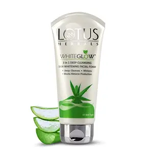 Lotus Herbals Whiteglow 3 In 1 Deep Cleaning Skin Whitening Facial Foam | Chemical Free | With Milk Enzymes & Aloe Vera Gel | For All Skin Types | 100g