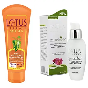 Lotus Herbals Safe Sun 3-In-1 Matte Look Daily Sunblock SPF-40 50g And Herbals White Glow Intensive Skin Serum+ Moisturiser 30ml