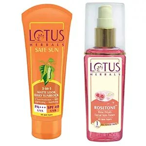 Lotus Herbals Safe Sun 3-In-1 Matte Look Daily Sunblock SPF-40 50g And Herbals Rosetone Rose Petals Facial Skin Toner 100ml