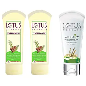 Lotus Herbals Teatreewash Tea Tree and Cinnamon Anti-Acne Oil Control Face Wash 120g And Herbals White Glow Oatmeal And Yogurt Skin Whitening Scrub 100g